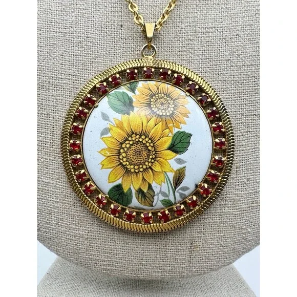 Vintage gold tone rhinestone sunflower pendant Necklace 23” - Picture 2 of 6